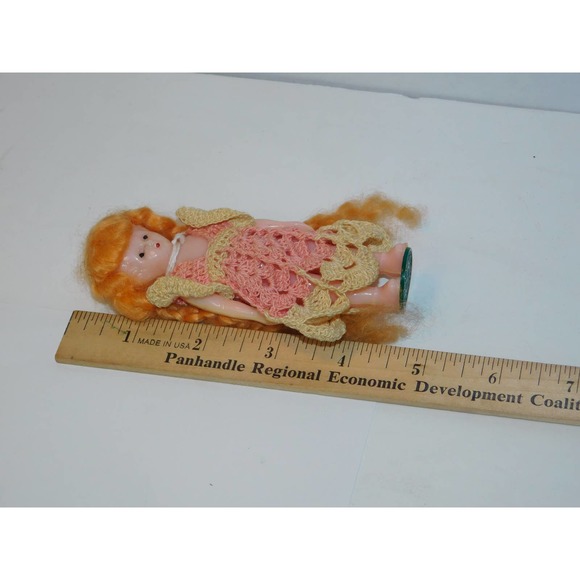 Very Old Vintage Celluloid Doll with Red Braided Hair Standing on Tax To… - Picture 7 of 9